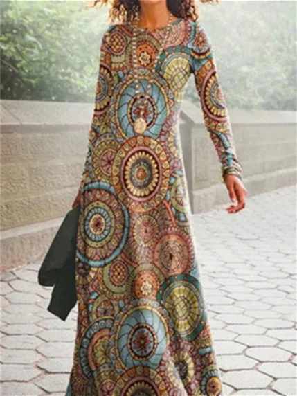 Women's Graphic Ethnic Print Scoop Neck Long Sleeve Midi Dress