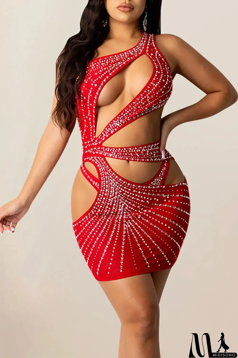 MidiSono - Black Sexy Solid Hollowed Out Split Joint Asymmetrical Hot Drill Oblique Collar One Step Skirt Dresses