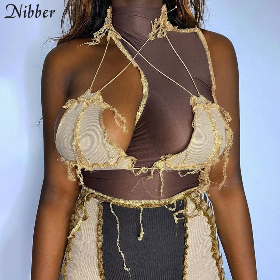 Nibber Vintage Artistic Tassel Patchwork Tank Tops Asymmetreical Hole Sleeveless Halter Skinny Corset Crop Tops Indie Folk Sytle