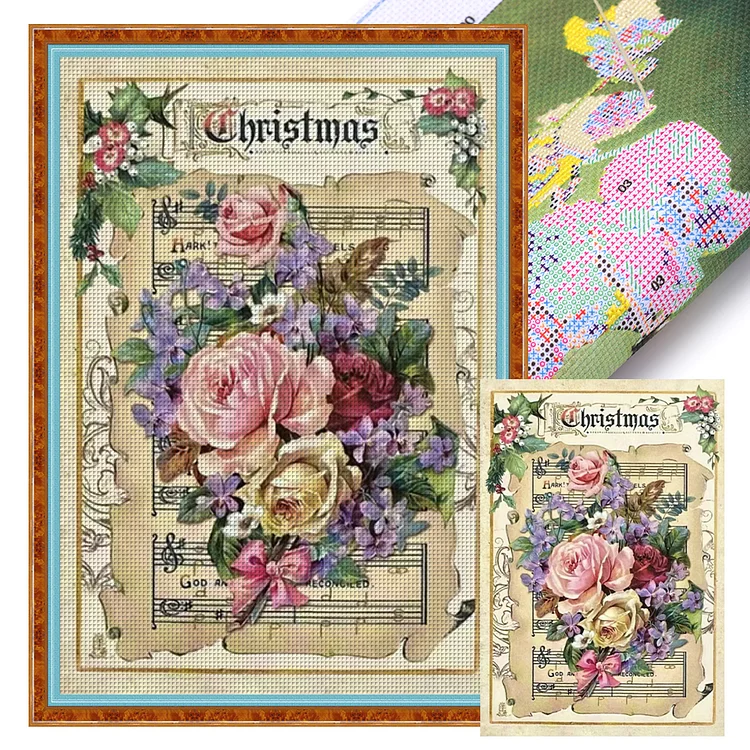 【Huacan Brand】Retro Poster - Christmas Sheet Music Rose 11CT Stamped Cross Stitch 45*65CM