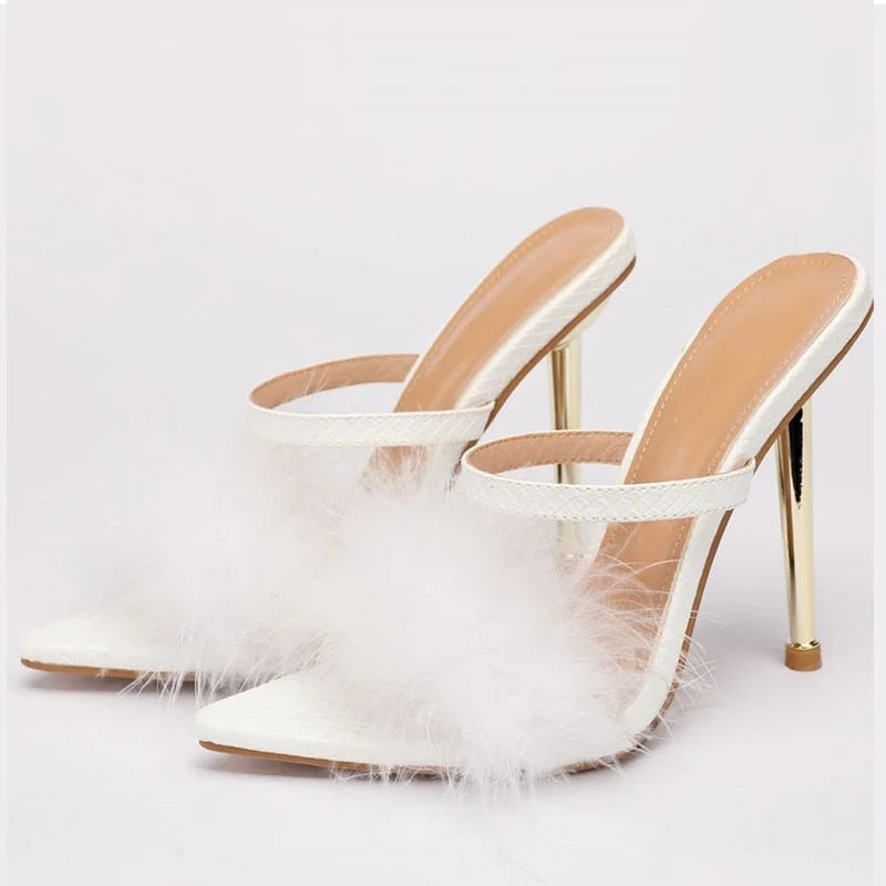 New Brand Fluffy Slippers Sandals Fashion Pointed Toe Summer Party Dress Shoes Gold Fur Slides Heels For Women Free Shipping