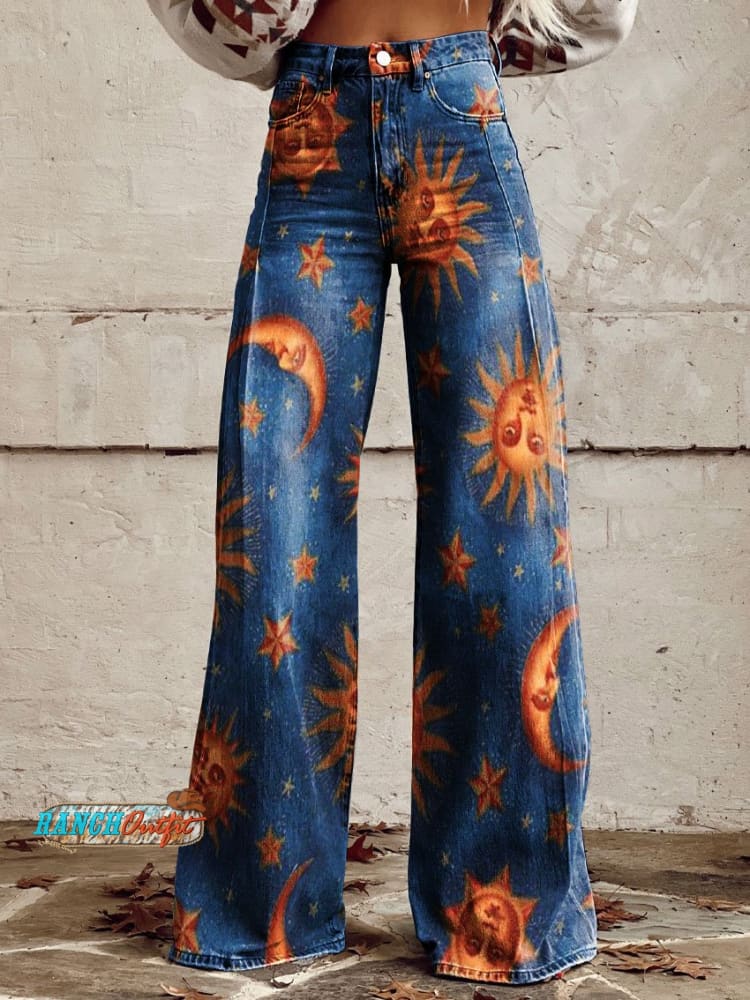 Women’s Vintage Print Casual Wide Leg Pants Multicolor / S