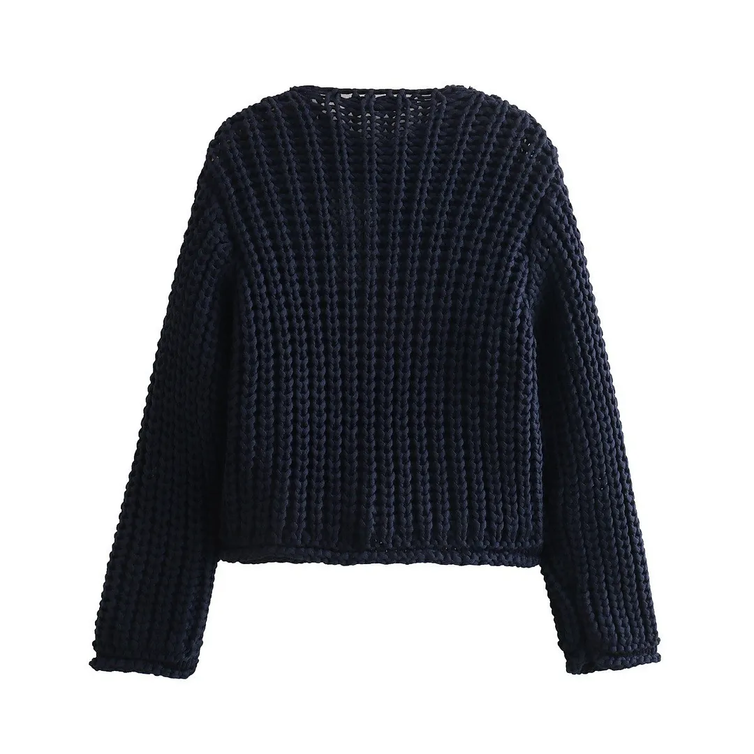 Nigikala Nigikala Women's Solid Color Single Buckle Double Pocket Short Thick Knit Shirt Coat Top B66004