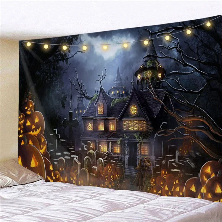 Halloween Decor Horror Spooky Castle Pumpkin Tapestry Wall Hanging Bedroom Living Room Decor Fun Halloween Wall Tapestry