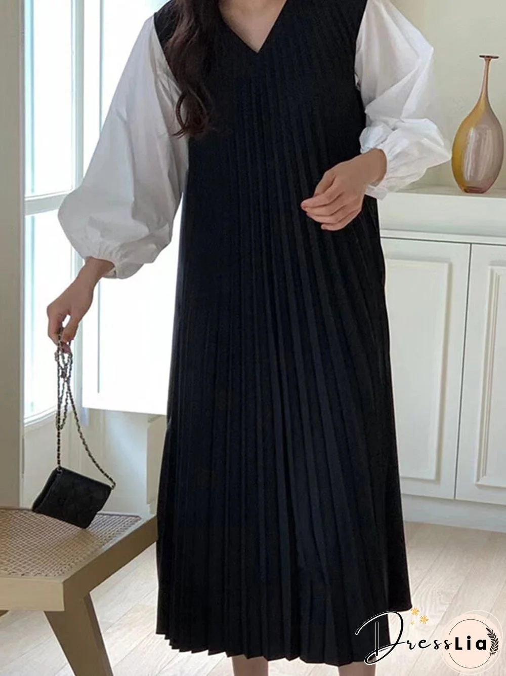 Patchwork Pleats V Neck Lantern Sleeve Casual Dress