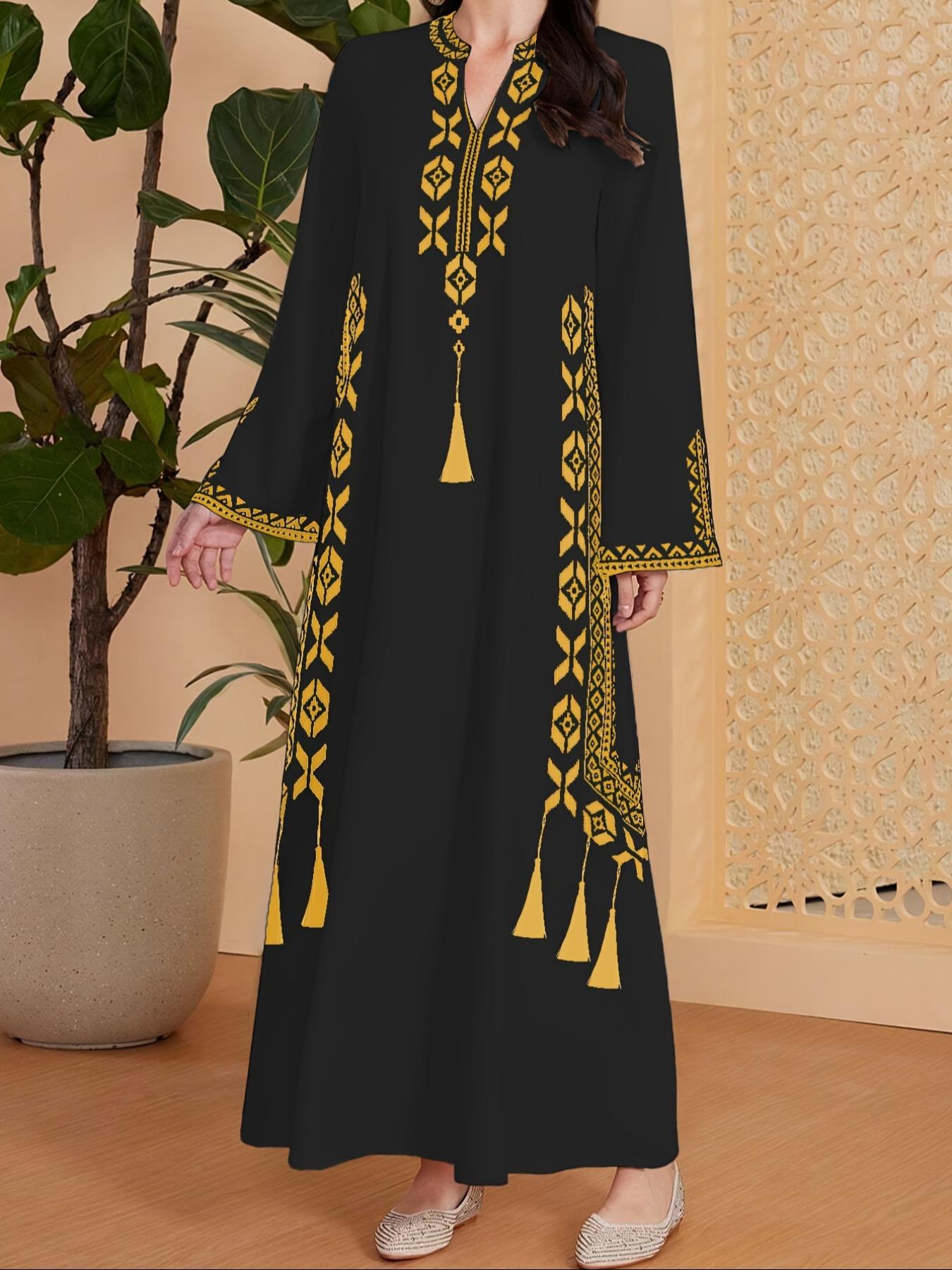 Women's Digital Print Dress, Middle Eastern Style Woven Fabric Long Sleeve A-Line Dress, Fitted Casual Fashion for Spring & Fall Seasons, Womenswear