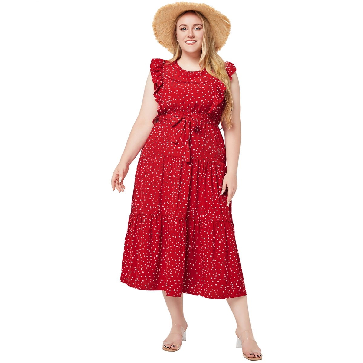 Mature Women's Sleeveless Polka Dot Plus Size Dress