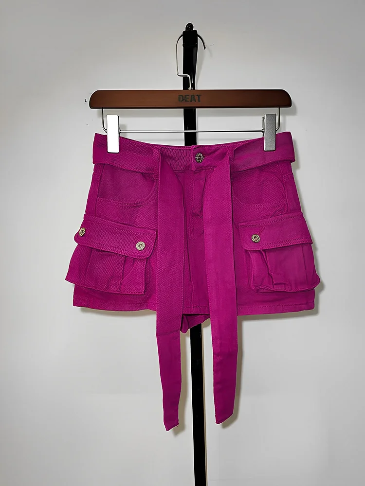 Fasion Bandaged Pockets High-rise A-line Solid Pattern Denim Skirt