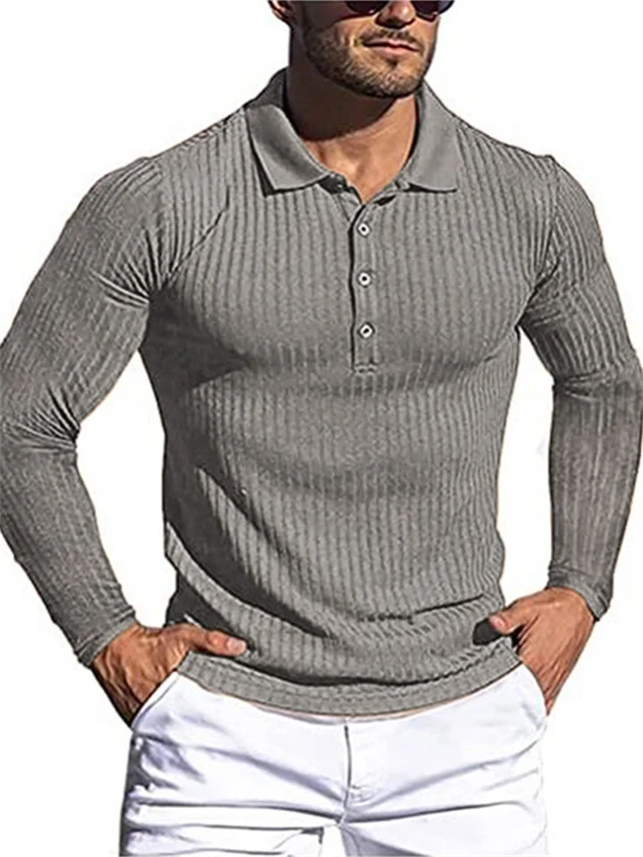 Men's Running Fitness Autumn High Stretch Vertical Stripe Solid Color Long Sleeve Polo Shirt Slim Knit Polo Shirt