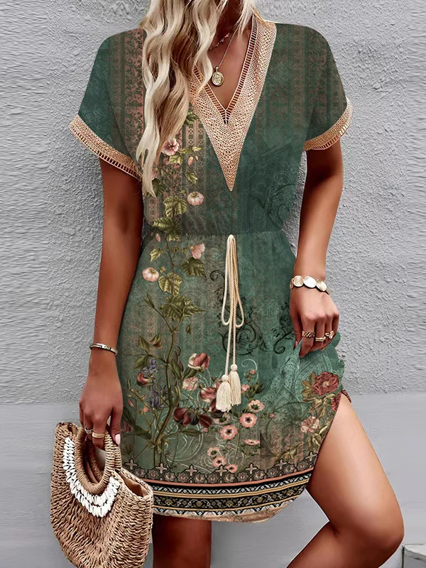Tied Waist Tasseled Split-Joint Hollow Flower Print Elasticity Raglan Sleeve Plus Size V-Neck Mini Dresses