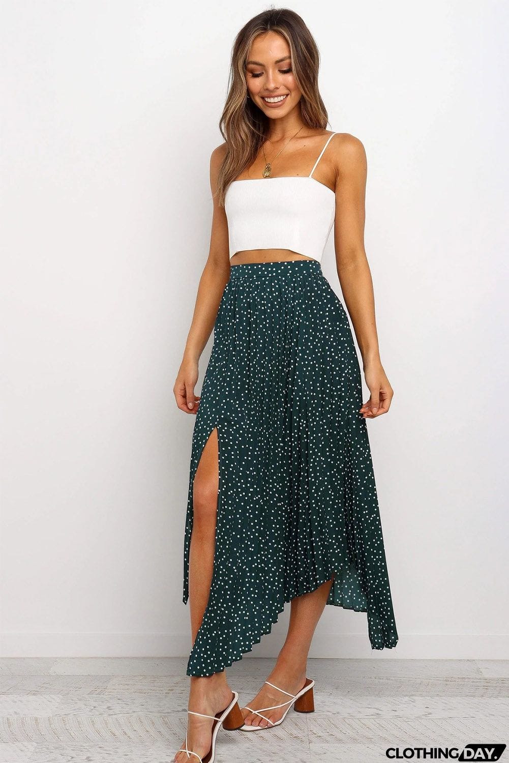 Fashion Print Side Slit Pleated Maxi Skirt