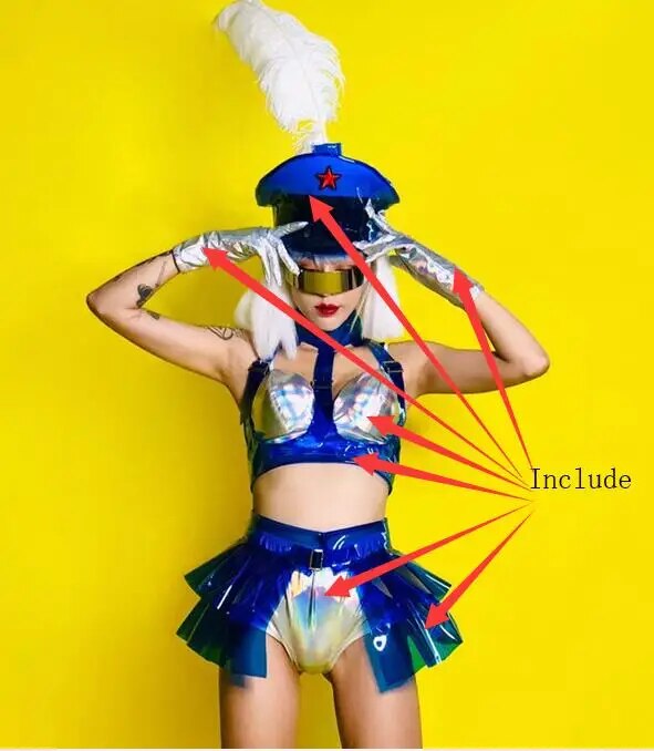 VCSHOES Nightclub Bar Women Gogo Dancer Stage Performance Costume Silver Blue Laser Rave Outfit DJ Dance Team Festival Clothing