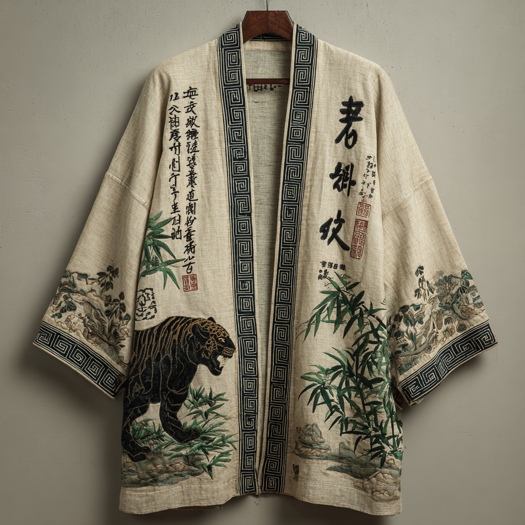 Retro Black Panther And Calligraphy Bamboo Leaf Art Pattern Casual Linen Short Kimono elevenforest