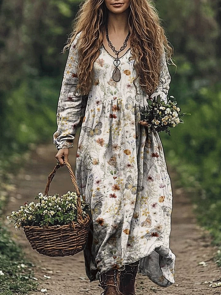 Women's Vintage Lovely Floral Butterfly Art Print Pocket Cotton Dress
