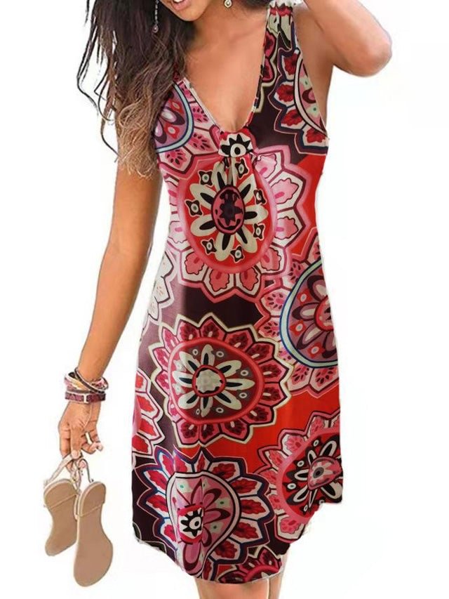 Spring and Summer Ethnic New Women's Sexy V-neck Print Dress | EGEMISS