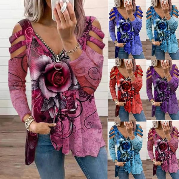 Spring and Early Autumn New Fashion Women's Rose Printed Long Sleeve Casual Plus Size Zipper V-neck Top - Life is Beautiful for You - SheChoic