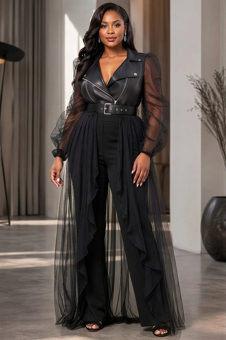Xpluswear Design Plus Size Daily Tulle Black Turndown Collar Long Sleeve Contrast See Through PU Leather Jacket [Pre-Order] 2024 - Xpluswear