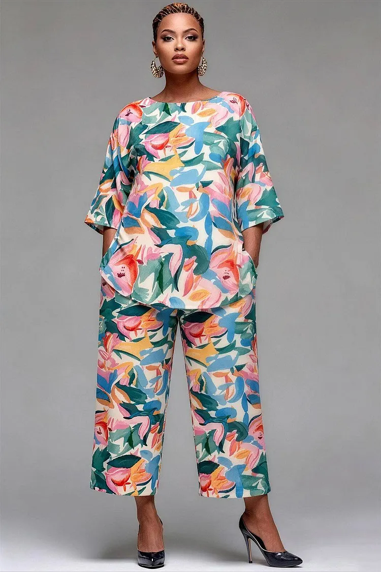 Xpluswear Design Plus Size Business Casual Multicolor All Over Print Round Neck Half Sleeve Pocket Two Piece Pant Sets [Pre-Order] 2024 - Xpluswear
