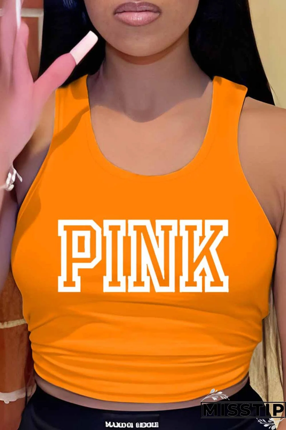Orange Casual Print Letter U Neck Tops