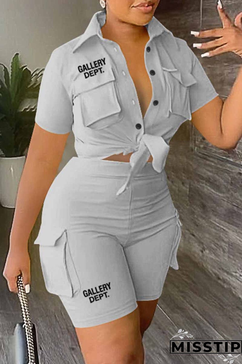 Red Casual Street Print Letter Turndown Collar Short Sleeve Two Pieces