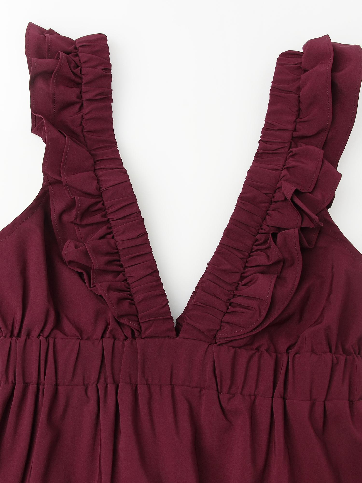 Casual Dress for Summer, Breathable Women's Fitted Plain Deep V Neck Ruffled Dress, Women's Clothes for Daily Wear, Womenswear