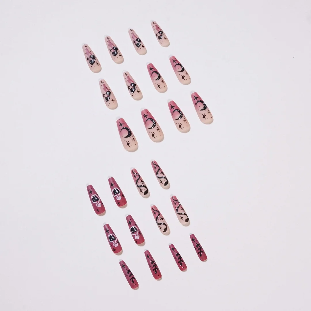 24Pcs/Set Star Moon Water Bottle Design False Nail French Full Cover Fake Nails Glue DIY Manicure Nail Art Tools-Nail Inspo