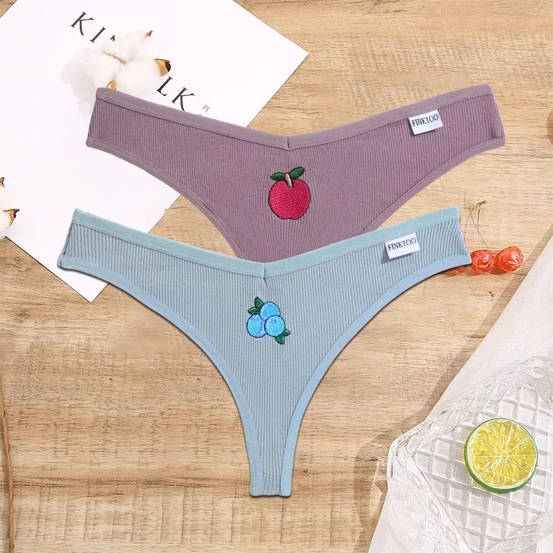 FINETOO 2/3PCS Women Lingerie Fruit Embroidery Panties G-string Sexy Low Rise Cotton Thongs Girl Underwear V-Waist Female Pantys
