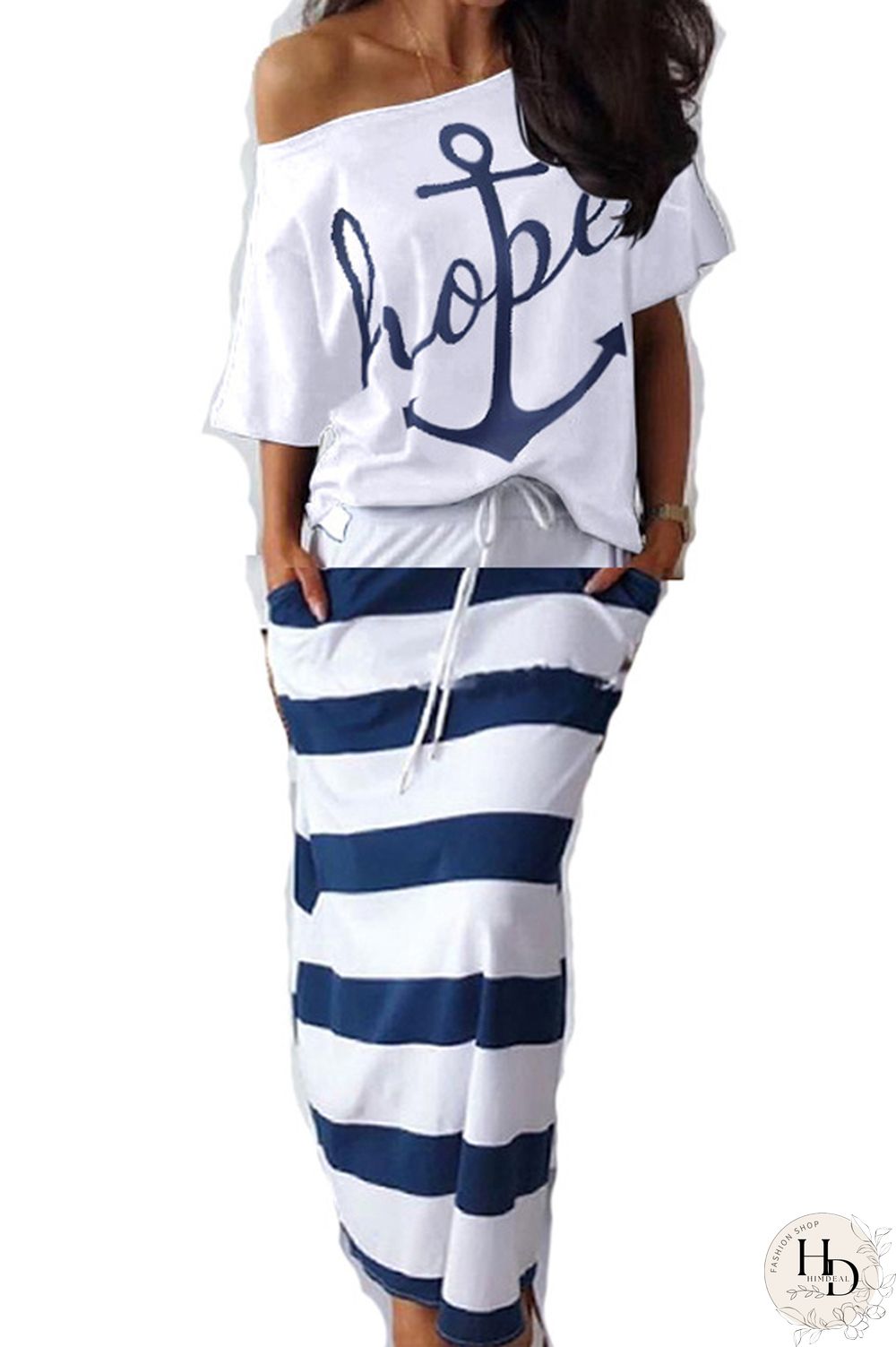 White and blue Polyester England Striped Geometric Letter Print bow-knot pencil Half Sleeve Two Pieces