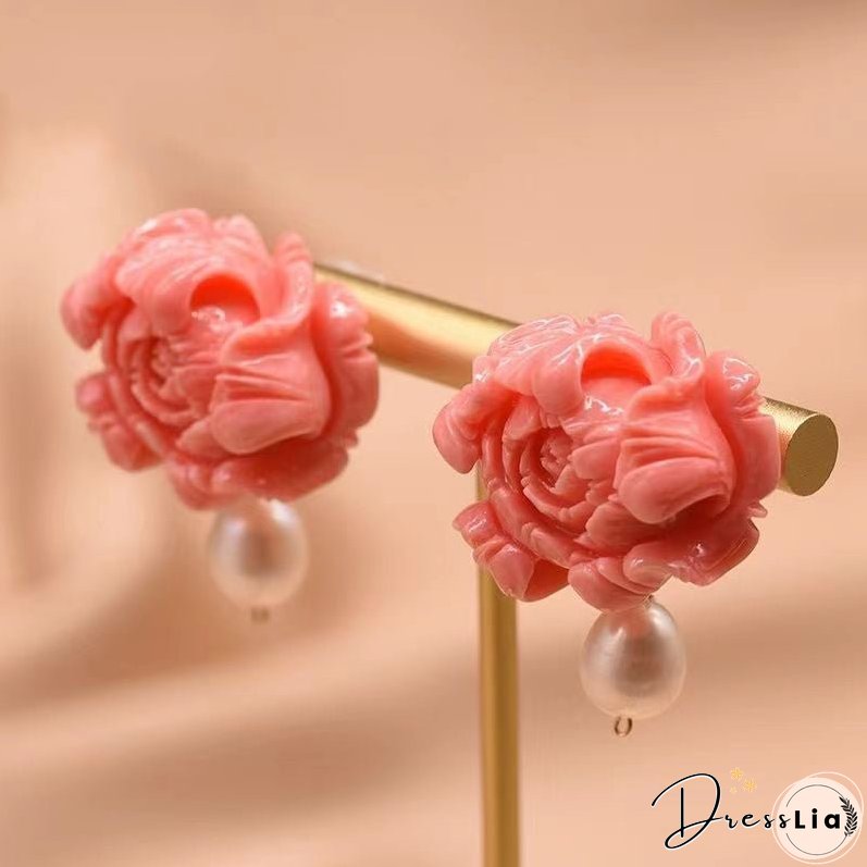 Regular Red Sterling Silver Pearl Floral Stud Earrings