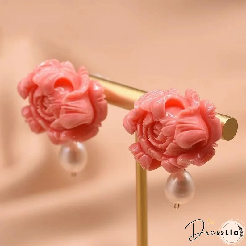 Regular Red Sterling Silver Pearl Floral Stud Earrings