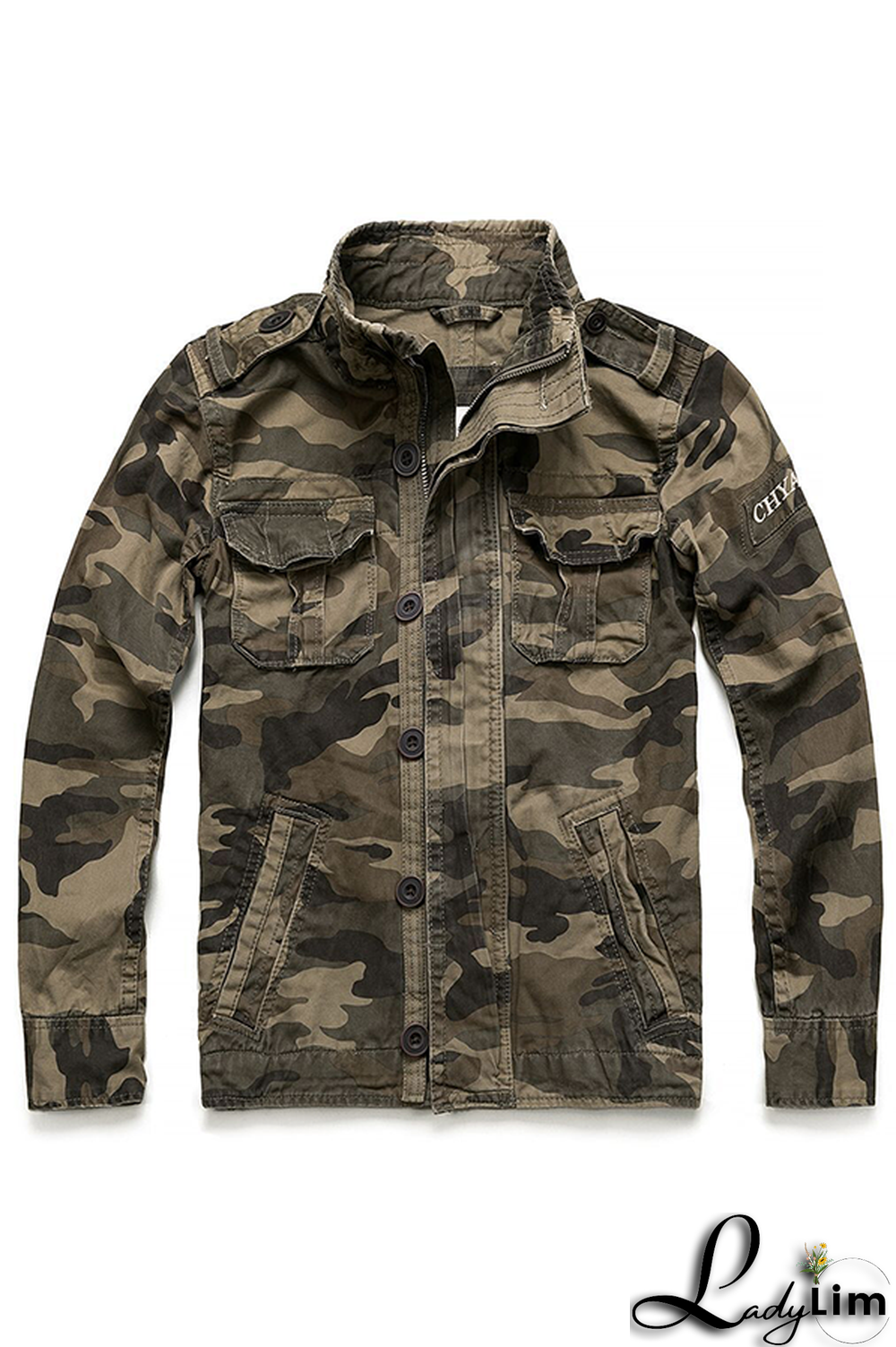 Green Fashion Casual Solid Camouflage Print Buckle Zipper Mandarin Collar Outerwear