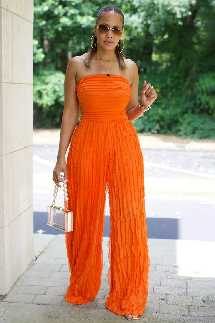 Strapless Wrinkle Cinched Ruffle Vacay Wide Leg Jumpsuit-Orange [Pre Order]