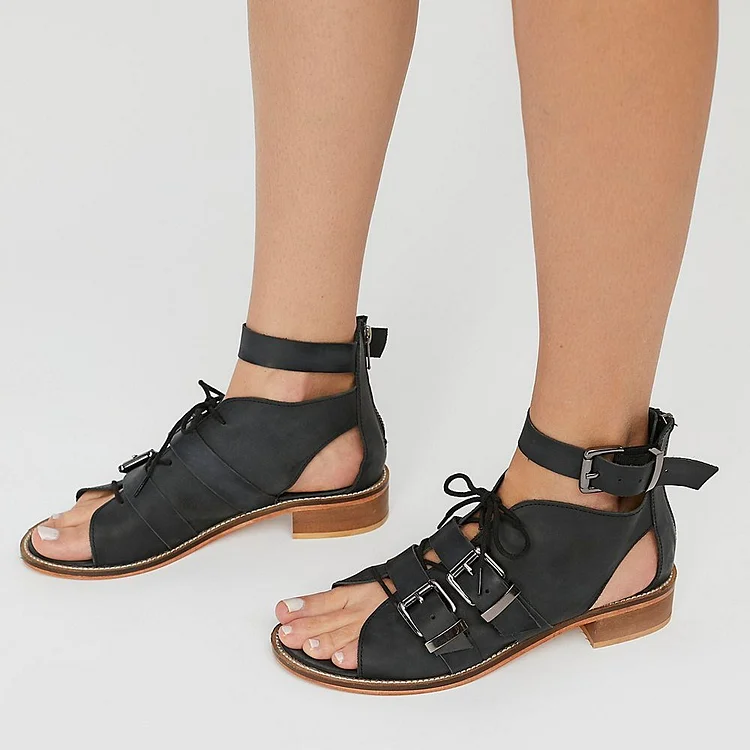 Black Ankle Strap Buckles Block Heel Sandals |FSJ Shoes