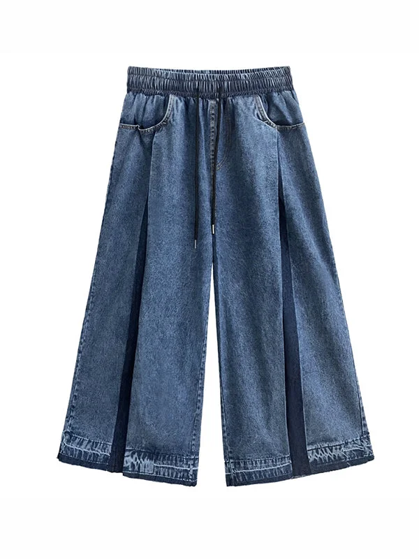 Contrast Color Drawstring Fringed Pockets Roomy Wide Leg Jean Pants Bottoms