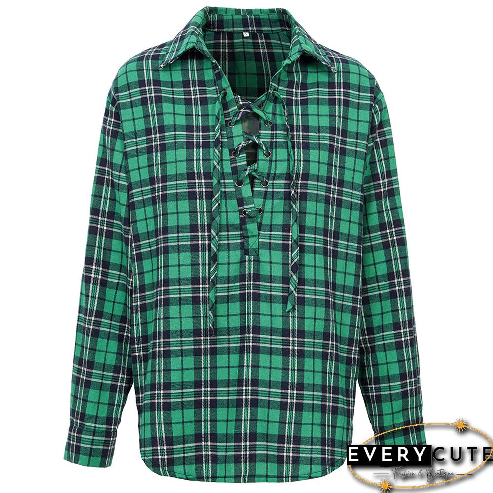 Green Plaid Print Cross Lace Up Long Sleeve Shirt