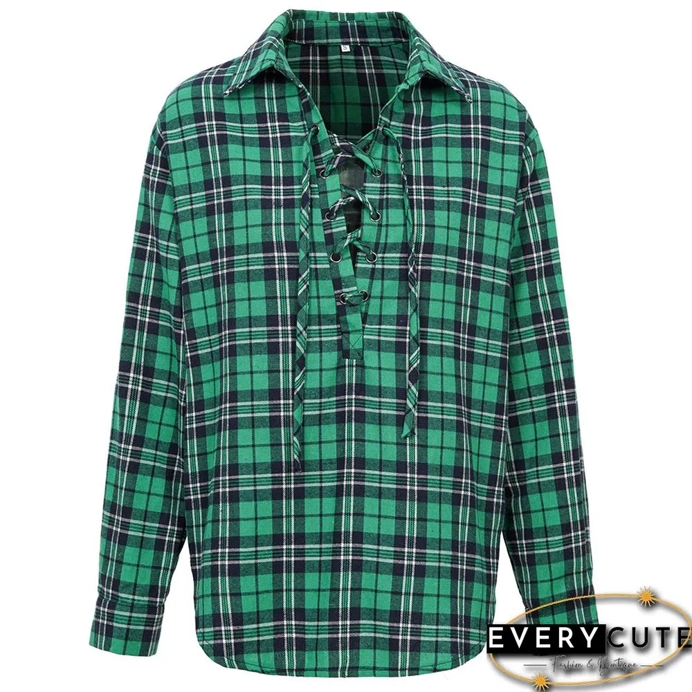Green Plaid Print Cross Lace Up Long Sleeve Shirt