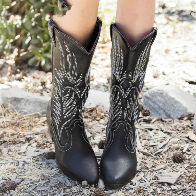 2020 Women Mid Calf Western Boots Cowboy Pointed Toe Knee High Pull On Boots Ladies Fashion Leather Motorcycle Boots Botas Mujer
