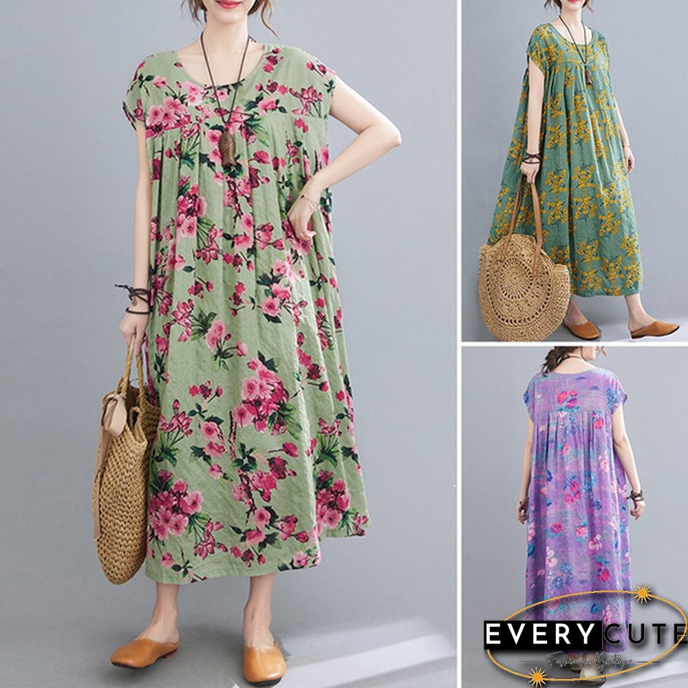 Women Summer Short Sleeve Crew Neck Loose Baggy Floral Printed Long Midi Shirt Dress Holiday Plus