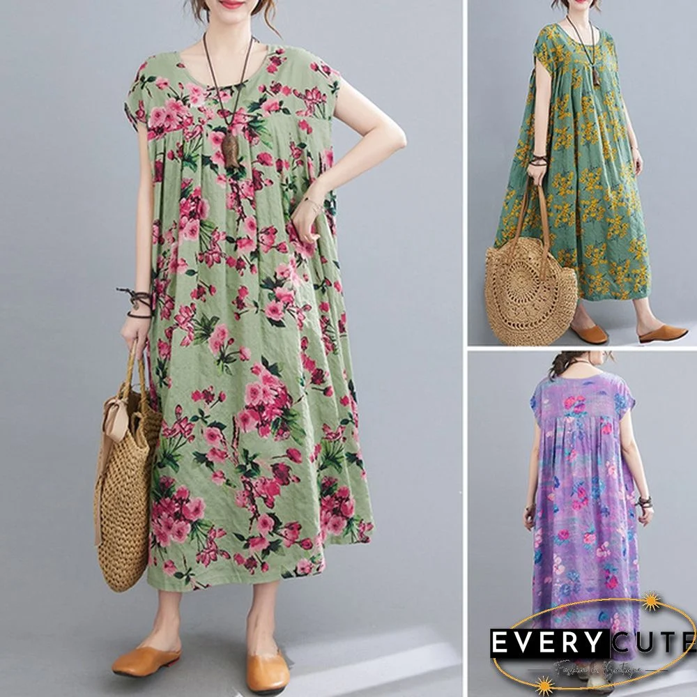 Women Summer Short Sleeve Crew Neck Loose Baggy Floral Printed Long Midi Shirt Dress Holiday Plus