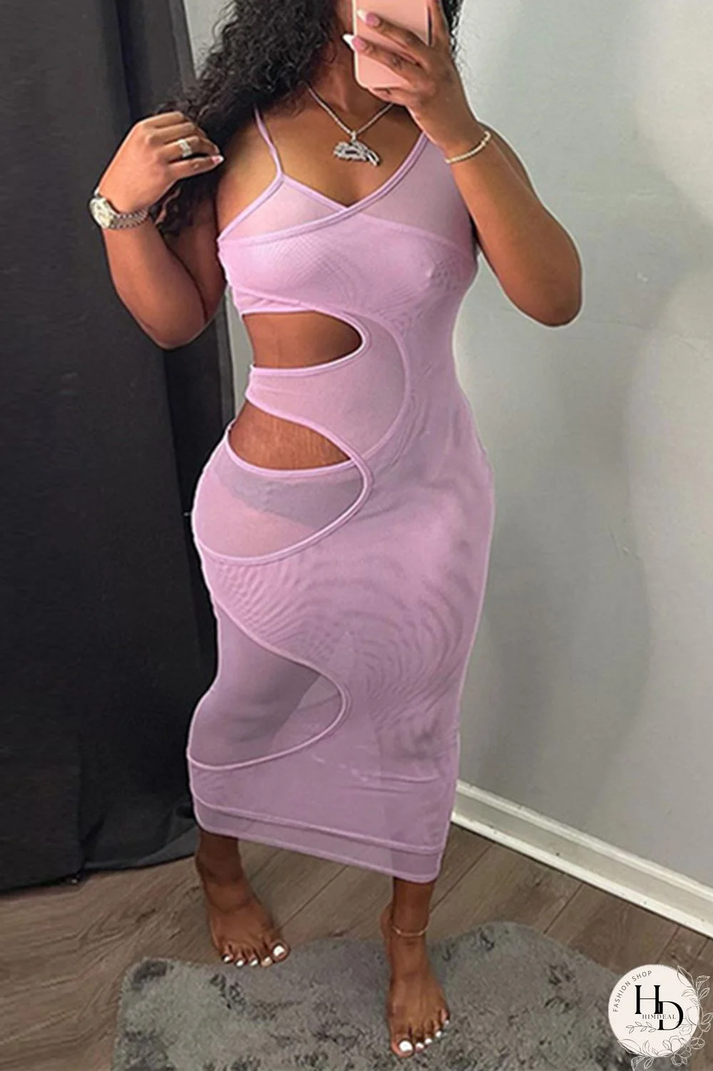 Light Purple Fashion Sexy Solid Hollowed Out Backless V Neck Sling Dress