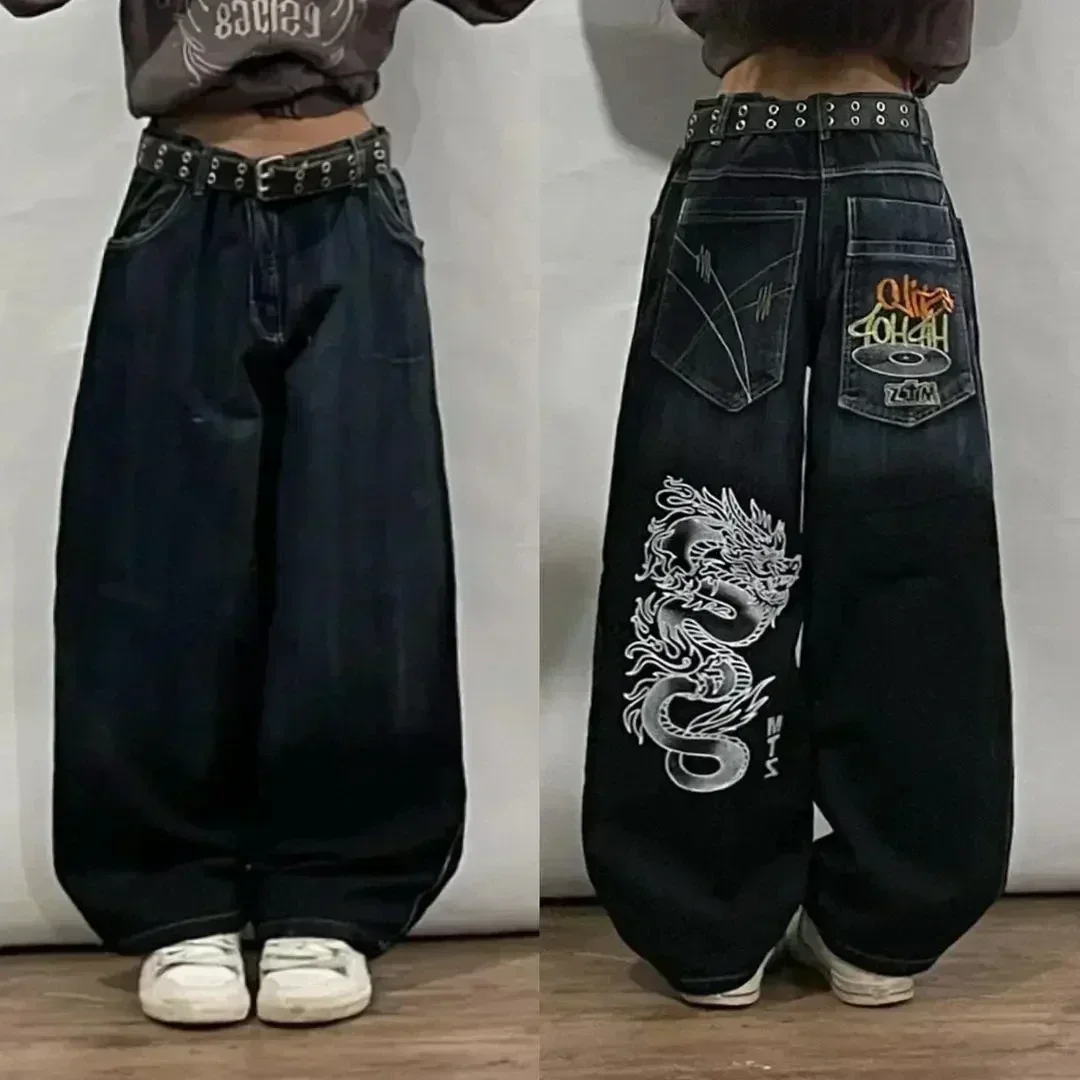 Edubridgesmart American Y2K New Fashion Punk Pattern Embroidered Straight Jeans Women Street Casual Loose Oversized Wide-leg Pants Couple Jeans