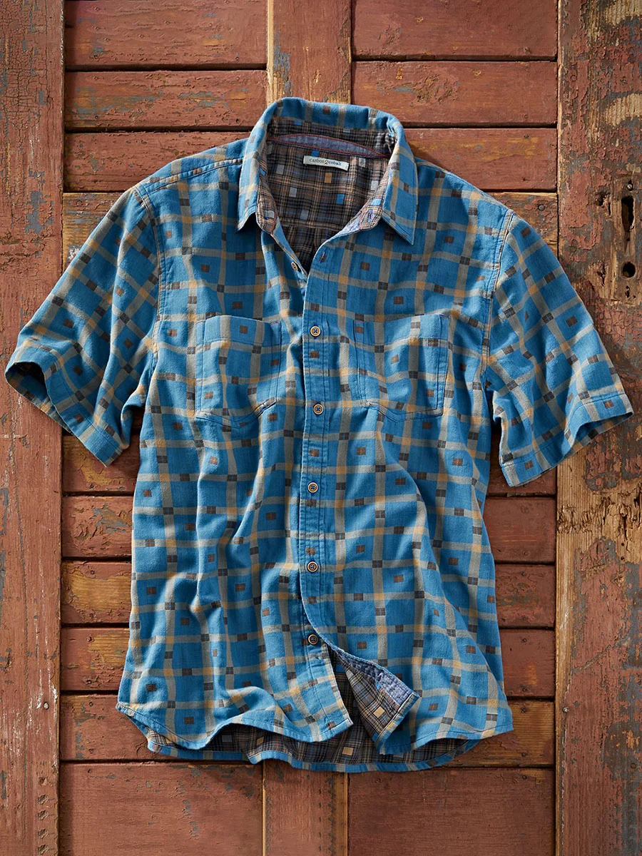 Men's Blue Plaid Short-Sleeved Cotton and Linen Shirt