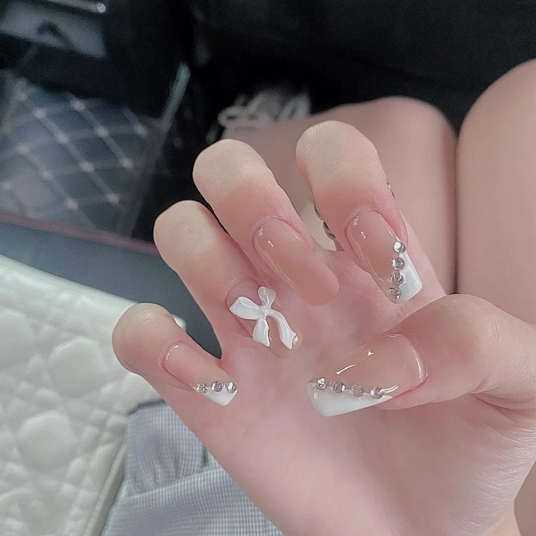 24pcs Blue Waves Printed False Nail Patch Glue Type Removable Long Paragraph Fashion Manicure Coffin Fake Nail Ballerina Art-Nail Inspo