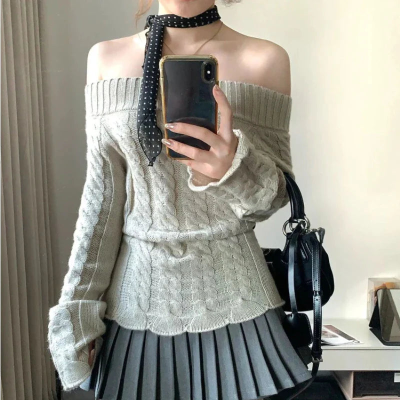 Aiertu Korean Style Sexy Off Shoulder Sweater Women Sweet Elegant Long Sleeve Knitted Pullover Cute Fashion Slim Up Sweaters Aiertu