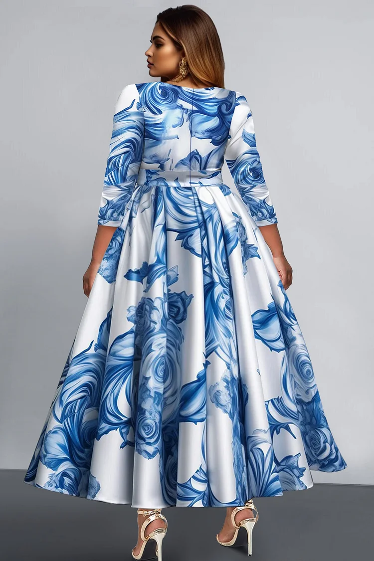 Xpluswear Design Plus Size Formal Blue Floral V Neck Long Sleeve Pleated Pocket Satin Maxi Dresses [Pre-Order]