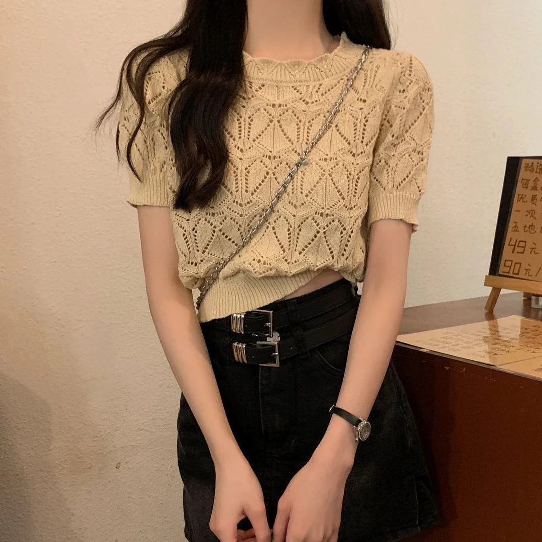 Uveng Uveng Temperament Hollow T-Shirt Girl Summer New Solid Color Short-Term Cash Waist Repair Slim Thin Short-Sleeved Top Tide