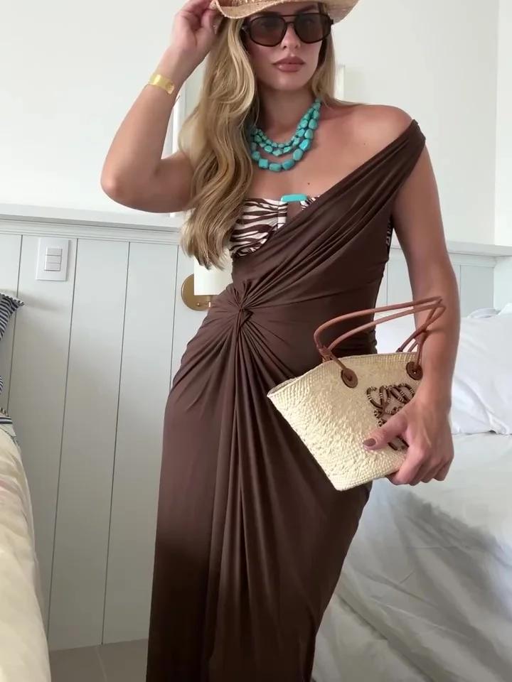 Solid Color Off-Shoulder Twist Slit Dress