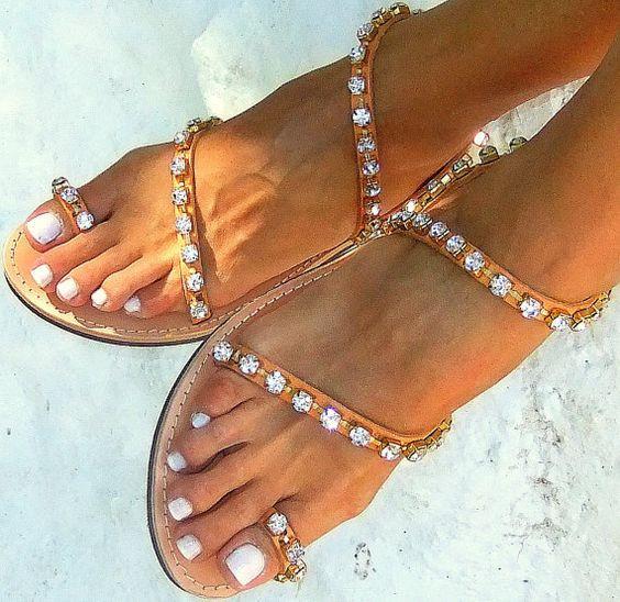 VCSHOES Handmade Bridal Ancient Greek Rhinestone Flat Sandals