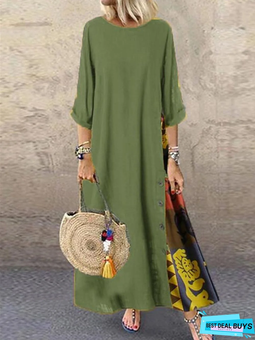 Women's Swing Dress Maxi Long Dress - 3/4 Length Sleeve Print Spring & Summer Hot Casual Holiday Vacation Dresses Loose Red Yellow Wine Army Green Navy Blue Gray L