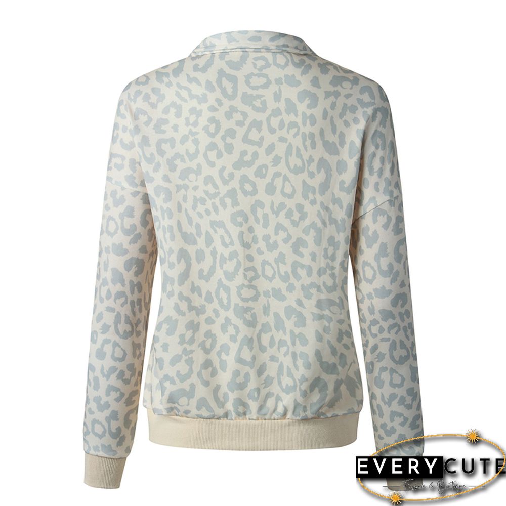 Apricot Zip Neck Leopard Print Pullover Sweatshirt